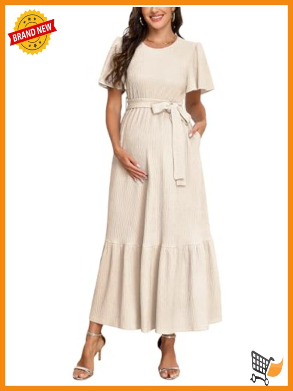 Maternity Maxi Dress with Belt Ruffle Sleeve Tiered Flowy Pocket